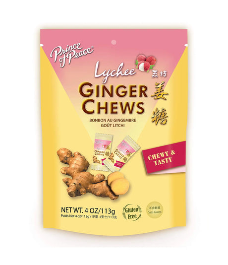 A stand-up pouch of Prince of Peace Lychee Ginger Chews on a plain white background. The packaging is primarily yellow and pink, with illustrations of ginger roots and a small sachet of the chews.