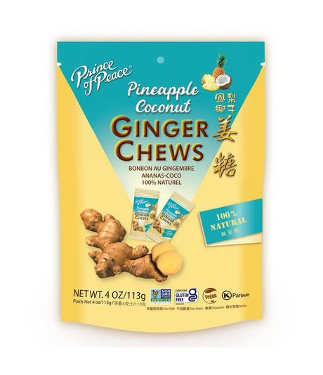 A 4 oz stand-up pouch of Prince of Peace Pineapple Coconut Ginger Chews, featuring a yellow and teal design with illustrations of ginger root and coconuts.