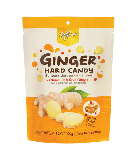 A stand-up pouch of Prince Pause Ginger Hard Candy, featuring a white and orange design with illustrations of fresh ginger roots and slices.