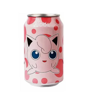 A can of QDOL sparkling water with a peach flavour, featuring an illustration of the character Jigglypuff from Pokemon.