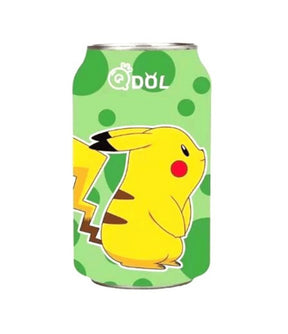 A can of QDOL sparkling water with a lime flavor, featuring an illustration of Pikachu from Pokemon on the label.
