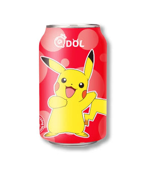 A can of Pikachu Sparkling Water with a red background and an illustration of the Pikachu character from Pokemon.