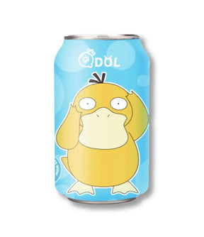 A can of QDOL Psyduck Sparkling Water featuring a cartoon illustration of Psyduck from Pokemon on a blue background.