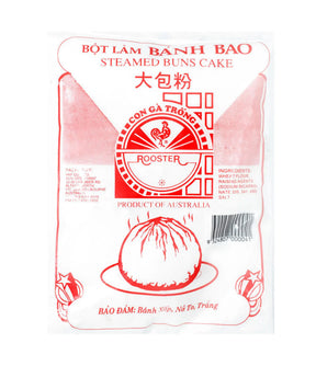 Packaging of Rooster brand Steamed Buns Cake Flour (Banh Bao), 397g, with product information and branding visible.