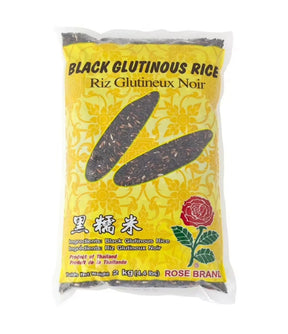 Packaging of Rose Brand Black Glutinous Rice featuring the rice grains on a yellow background with a rose logo