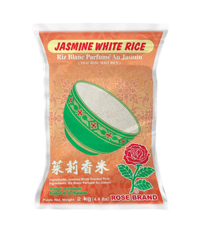 Packaging of Rose Brand Jasmine White Scented Rice featuring a green bowl with floral patterns, a rose flower, and text indicating the product is Thai jasmine rice.