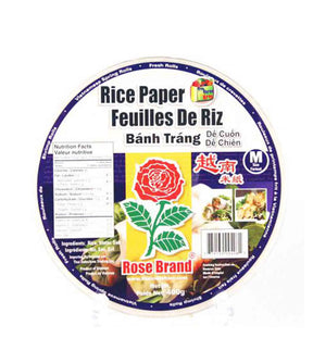 Packaging of Rose Brand Rice Paper featuring product information, brand logo, and a rose illustration.