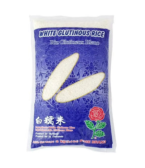 Packaging of Rose Brand White Glutinous Rice featuring a picture of rice grains and the brand's logo on a blue background.