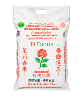 White rice bag with red and green text and branding on a white background