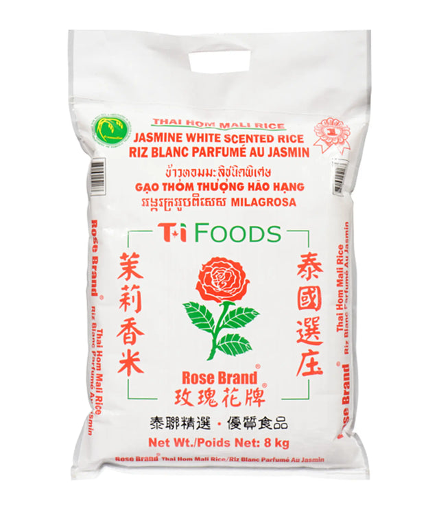 White rice bag with red and green text and branding on a white background