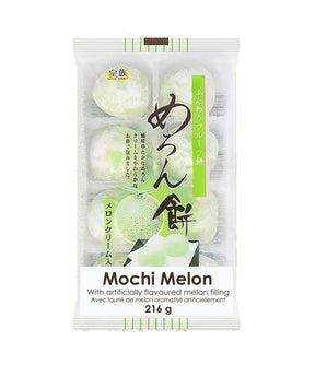 Packaging of Royal Family Mochi Melon snack showing the product name and images of the mochi with green matcha powder on top.