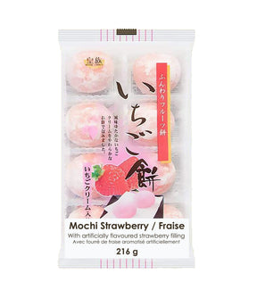 Packaging of Royal Family Mochi Strawberry, showing the product name and weight, with images of the mochi balls, strawberries, and decorative elements in red and green colors.