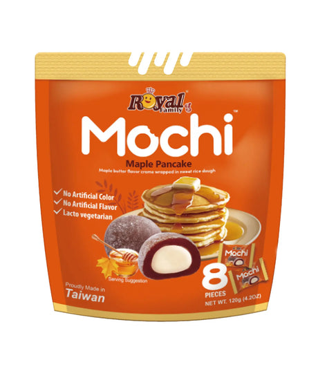 Packaging of Royal Family Mochi Maple Pancake with images of mochi and pancakes on an orange background.