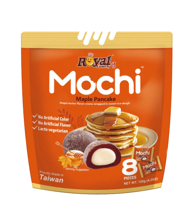 Packaging of Royal Family Mochi Maple Pancake with images of mochi and pancakes on an orange background.