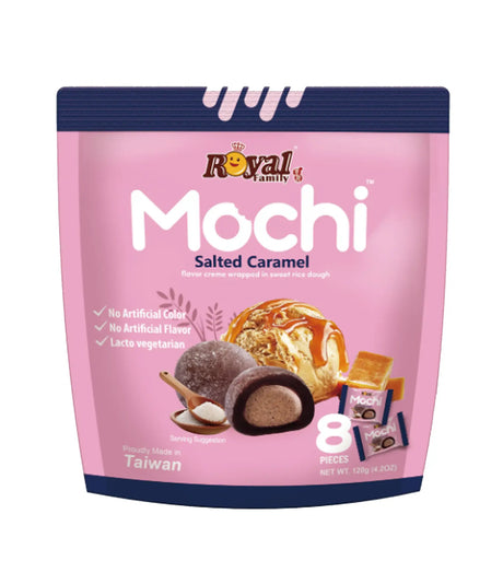 Pink package of Royal Family Mochi Salted Caramel on a white background