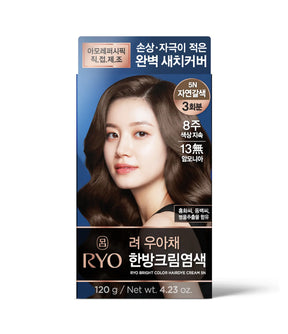 Hair color product packaging with a model's face on a white background
