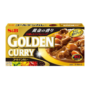 Packaging of S&B Golden Curry Sauce Mix featuring the product name, an image of the curry sauce and its ingredients, and nutritional information.
