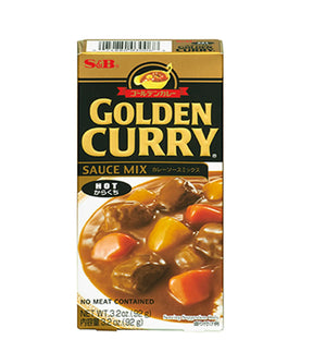 Packaging of S&B Golden Curry Sauce Mix featuring the product name, brand, weight, and an image of the curry sauce.