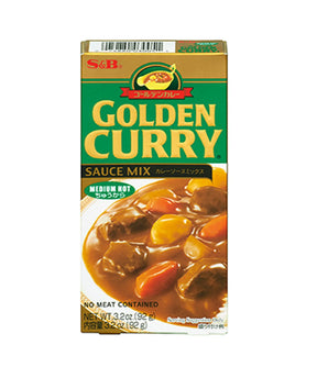 Packaging of S&B Golden Curry Sauce Mix showing the product name, weight, and an image of the curry sauce with pieces of meat.