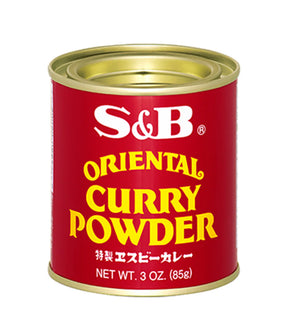 A can of S&B Oriental Curry Powder, with red and yellow labeling, indicating it is a product of Japan.