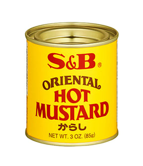 A can of S&B Oriental Hot Mustard, with yellow labeling and red text, against a white background.