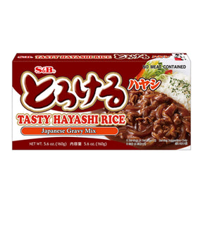 Packaging of Tasty Hayashi Rice by S&B, displaying the product name, image of the cooked rice, and ingredients, indicating it is a Japanese gravy mix.