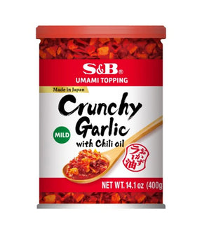 A packaged product of S&B Umami Topping Crunchy Garlic with Chili Oil, 400g, with branding and product information displayed on the label.