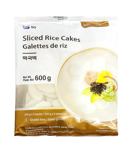 Packaged sliced rice cakes product with branding and information visible on the packaging.