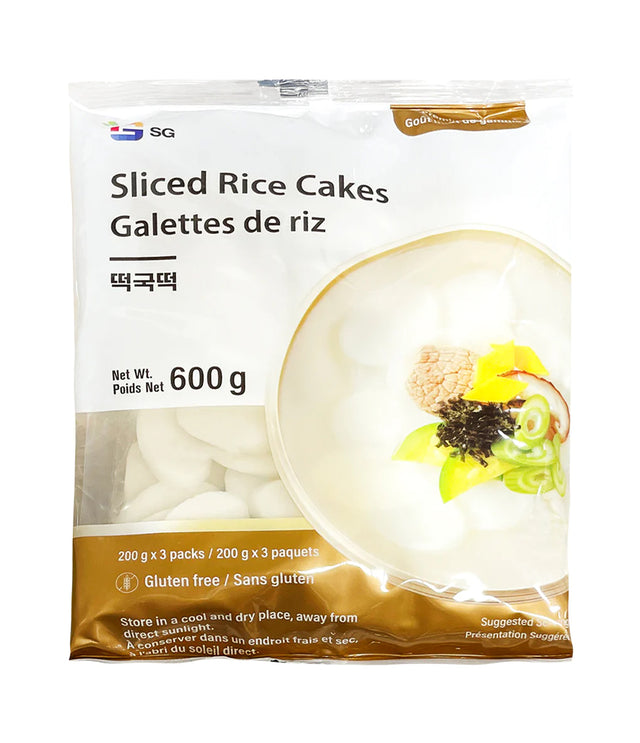 Packaged sliced rice cakes product with branding and information visible on the packaging.