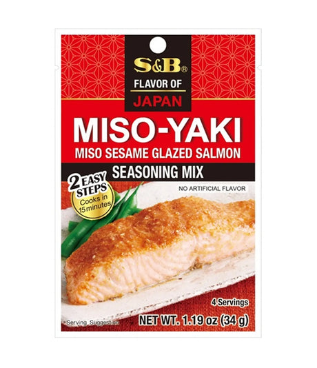 S&B Miso-Yaki seasoning mix package with salmon image on a white background