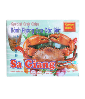 Packaging of Sa Giang Special Crab Chips featuring an image of a crab and the product name in Vietnamese and English.