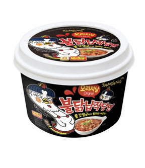 Container of Samyang Buldak Dangmyeon Glass Noodle (Original) with Korean text and imagery indicating the product is spicy and made in Korea.