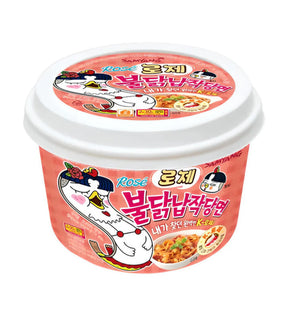 Container of Samyang Buldak Dangmyeon Glass Noodle (Rosé) 169.4g with Korean text and imagery indicating a spicy instant noodle product.