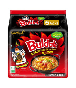 Packaging for Samyang Spicy Chicken Buldak Noodle stew type, featuring an illustration of a person eating noodles and a flame, indicating spiciness. The package mentions it contains 5 packs.