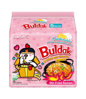 Packaging for Samyang Spicy Chicken Buldak Noodle (Carbonara) showing an illustration of a character eating noodles and text indicating the product is stir-fried ramen, product of Korea, and contains 5 packs.