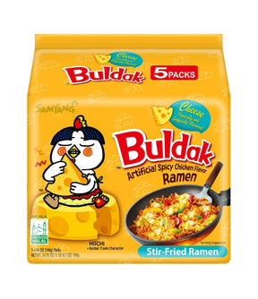 Packaging of Samyang Spicy Chicken Buldak Noodles with Cheese flavor. The package is yellow with an illustration of a cartoon chicken character and text indicating it is a product with 'Artificial Spicy Chicken Flavor Ramen' and comes in '5 PACKS'.