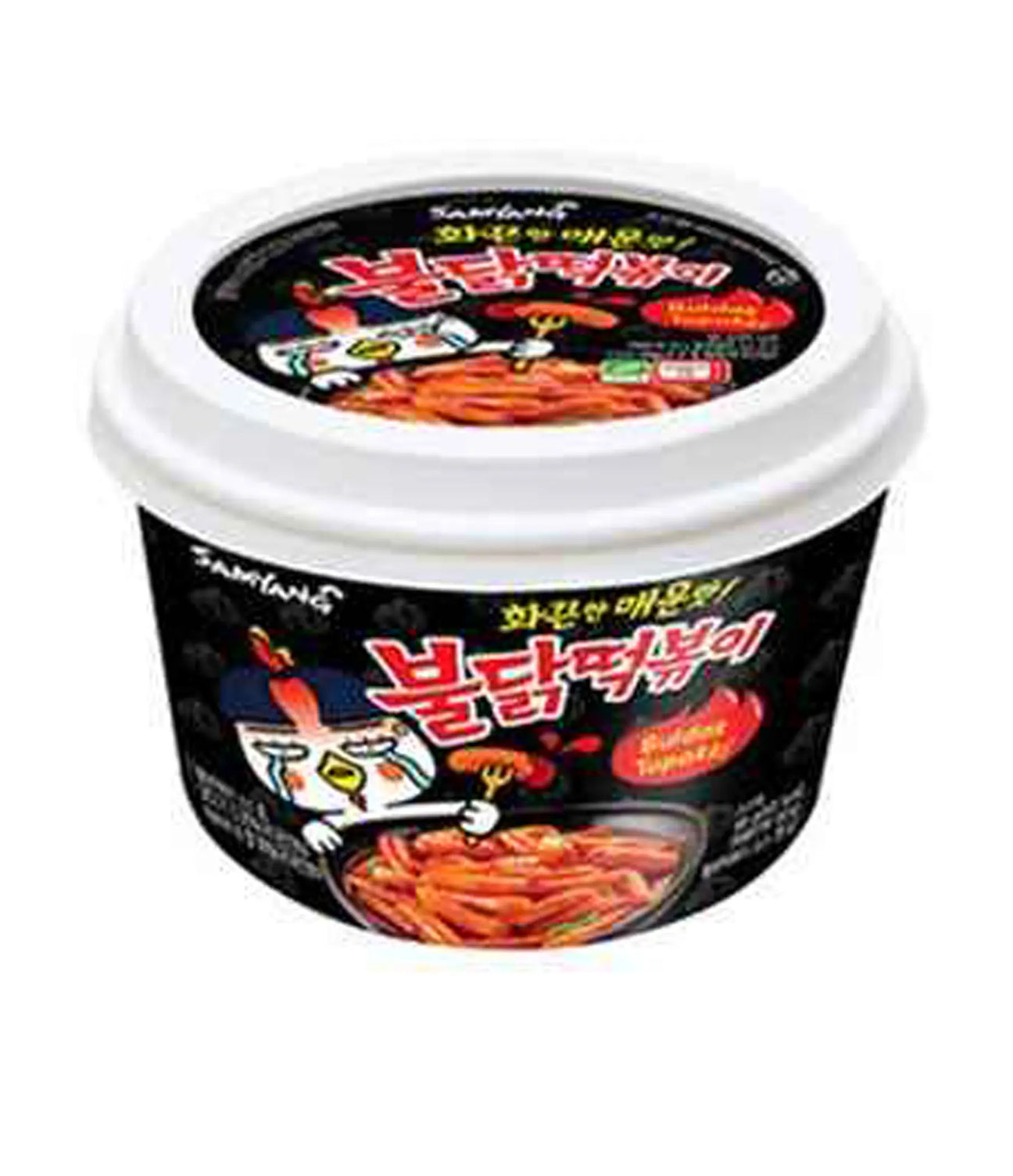 A cup of Samyang Buldak Topokki, which is a spicy Korean instant noodle product, with an illustration of noodles and a chicken on the packaging.