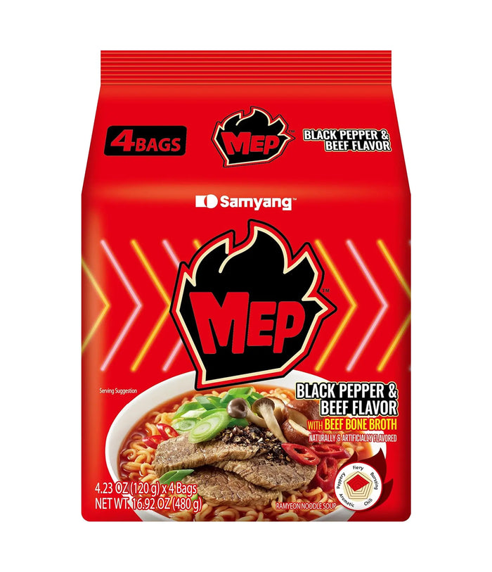 Samyang MEP Black Pepper & Beef Flavor instant noodles packaging on a white background