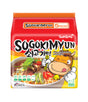 Packaging for Samyang Sogokimyun Beef Noodle Soup showing an illustration of a bowl of beef noodle soup and a cartoon cow. The package indicates that there are 5 packs included and highlights the product as halal certified.
