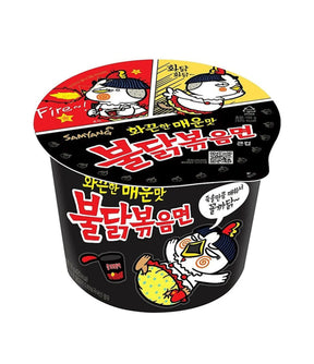 Packaging of Samyang Spicy Chicken Buldak Noodle 105g, displaying Korean text and cartoon images indicating spiciness level.
