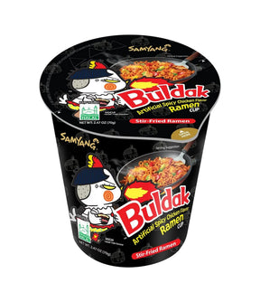 Container of Samyang Spicy Chicken Buldak Noodle 70g with illustration of noodles and chicken on the label.