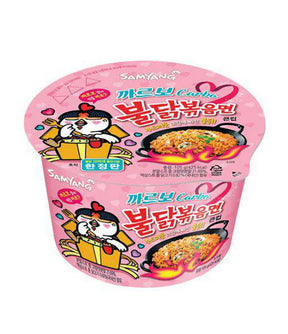 Packaging of Samyang Spicy Chicken Buldak Noodle (Carbonara) featuring illustrations of characters and noodles, with Korean text and branding.