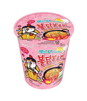 A cup of Samyang Spicy Chicken Buldak Noodle (Carbonara) 80g, with product information and images in Korean.