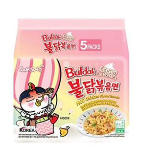 Packaging for Samyang Spicy Chicken Buldak Noodle (Cream Carbonara) showing an illustration of a character eating noodles and the text indicating it is a product of Korea, containing 5 packs, and highlighting the cream carbonara flavor.