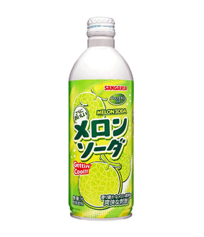 A bottle of Sangaria Ramu Carbonated Drink with melon flavor, 500ml, with Japanese text on the label.