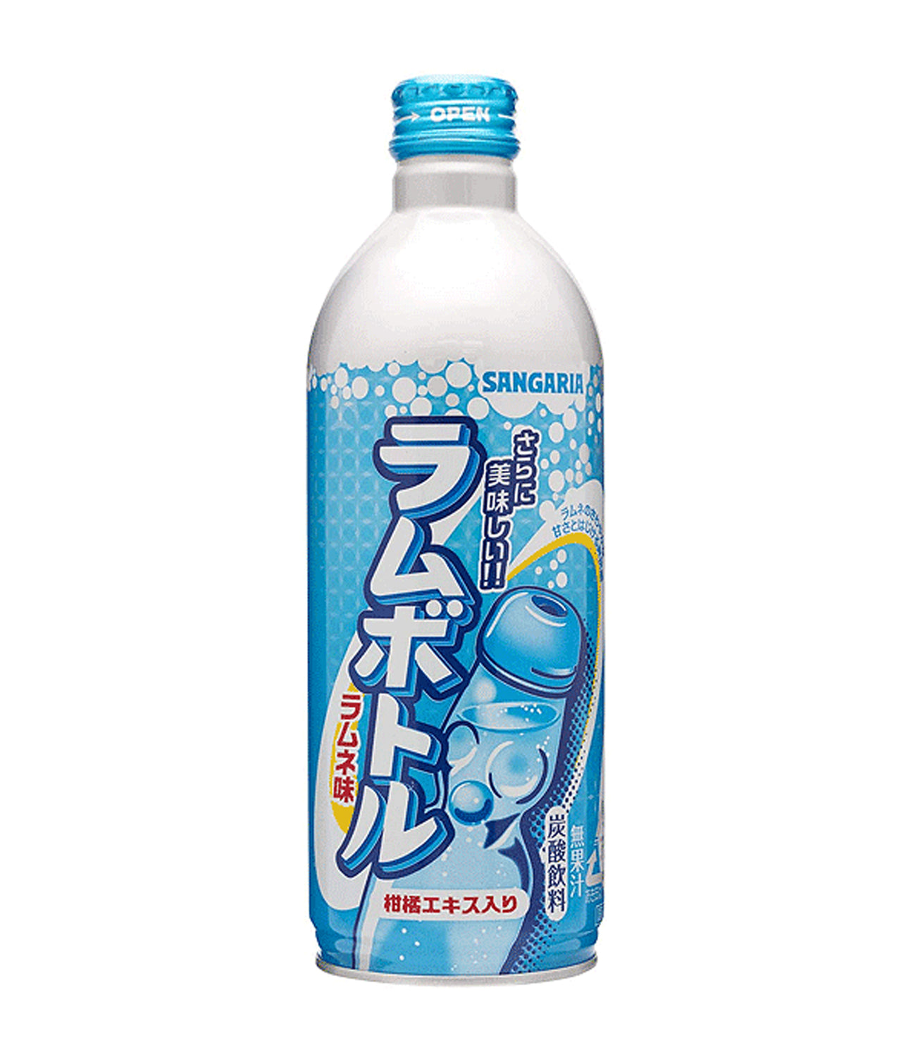A bottle of Sangaria Ramu Bottle Carbonated Drink with Japanese text and blue design elements on the label.