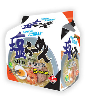 Packaging for Sapporo Ichiban Shio Ramen Japanese Style Noodles showing the product name, pack size, and an image of the noodles with soup and vegetables.