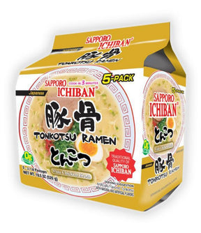 Packaging for Sapporo Ichiban Tonkotsu Ramen, showing a yellow packet with branding and images of the noodles in broth