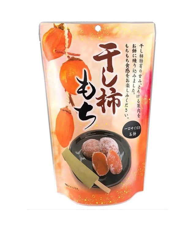 Packaged snack with dried persimmon and mochi on a white background