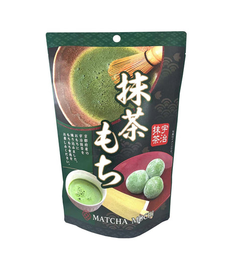 Packaging of Seiki Matcha Mochi featuring images of matcha powder, green mochi, and tea ceremony elements.